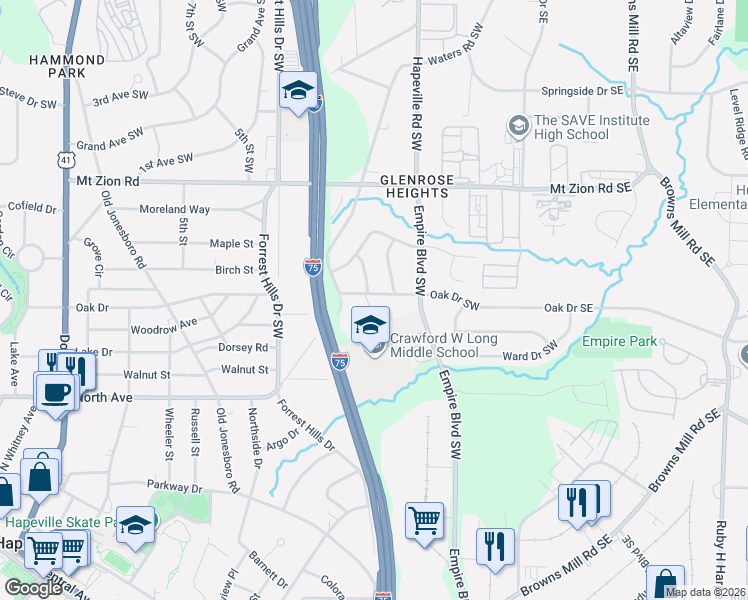 map of restaurants, bars, coffee shops, grocery stores, and more near 11 Oak Drive Southwest in Atlanta