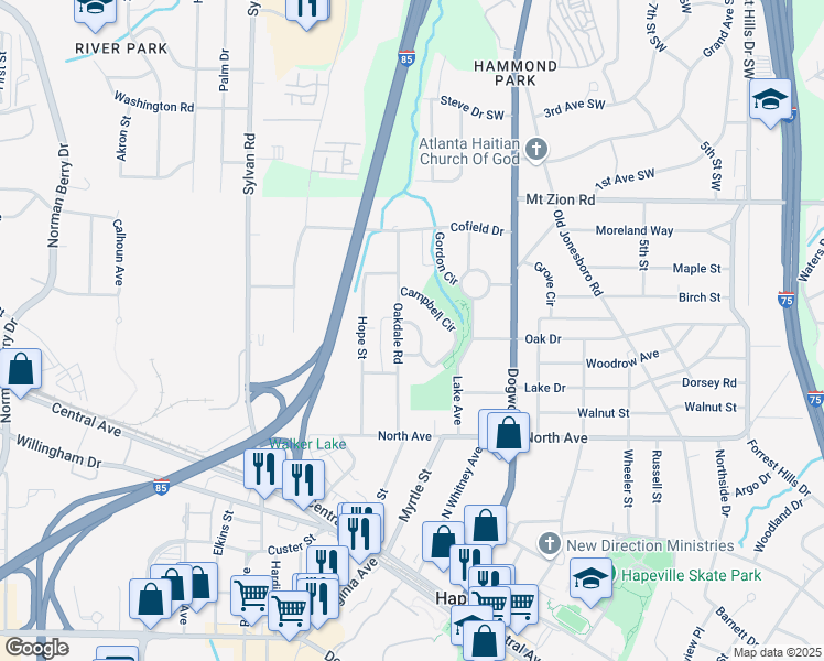 map of restaurants, bars, coffee shops, grocery stores, and more near 723 Campbell Circle in Hapeville