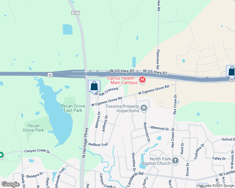 map of restaurants, bars, coffee shops, grocery stores, and more near 3409 Post Oak Crossing in Sherman