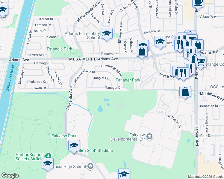 map of restaurants, bars, coffee shops, grocery stores, and more near 1795 Tanager Drive in Costa Mesa