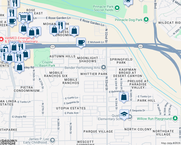 map of restaurants, bars, coffee shops, grocery stores, and more near 3039 East Escuda Road in Phoenix