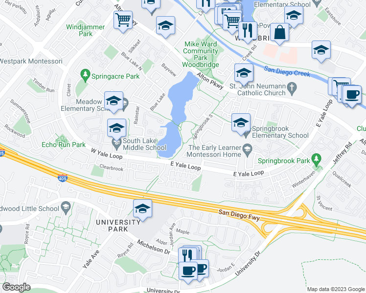 map of restaurants, bars, coffee shops, grocery stores, and more near 48 Coral Lake in Irvine