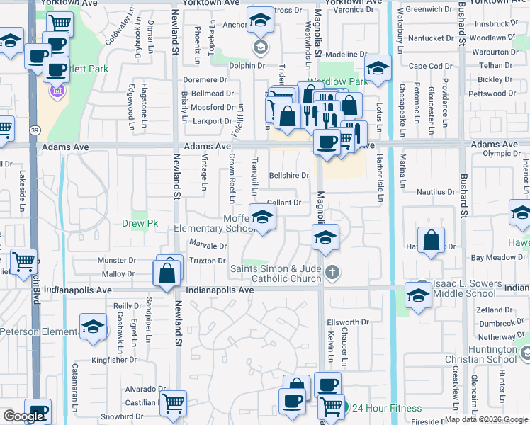 map of restaurants, bars, coffee shops, grocery stores, and more near 8772 Gallant Drive in Huntington Beach