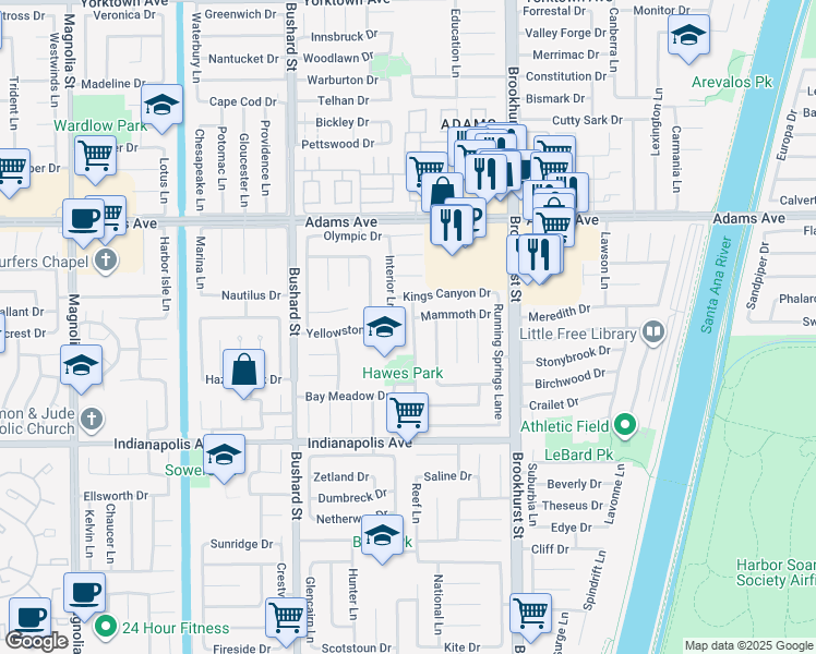 map of restaurants, bars, coffee shops, grocery stores, and more near 20241 Everglades Lane in Huntington Beach