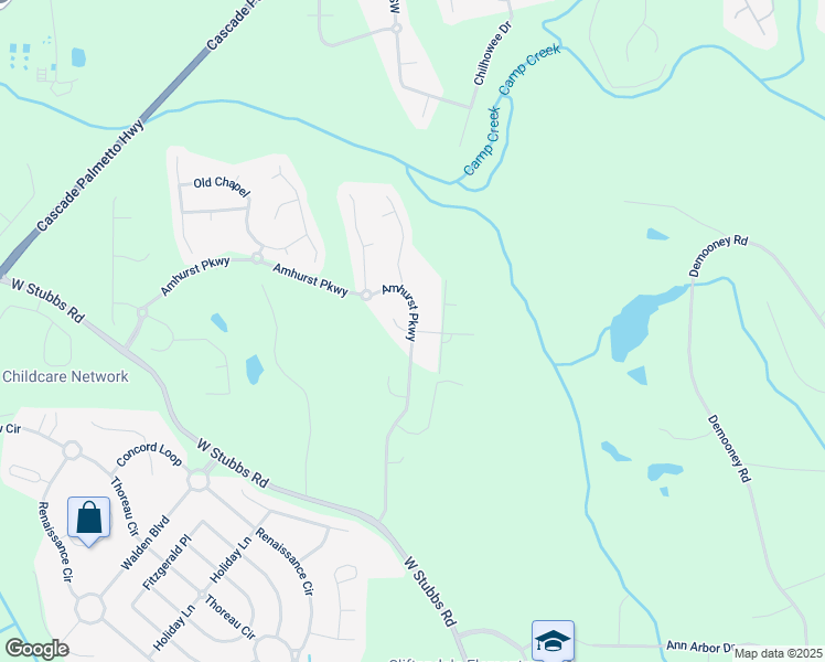 map of restaurants, bars, coffee shops, grocery stores, and more near 3385 Amhurst Parkway in Atlanta