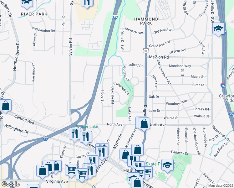 map of restaurants, bars, coffee shops, grocery stores, and more near 723 Campbell Circle in Hapeville