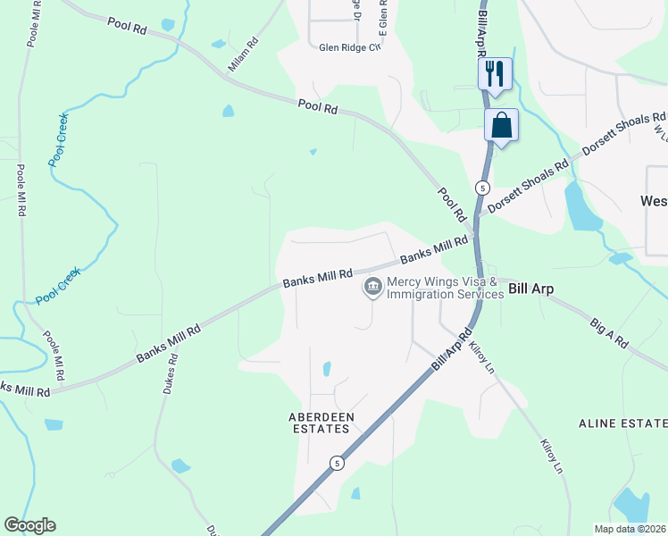 map of restaurants, bars, coffee shops, grocery stores, and more near 7241 Banks Mill Road in Douglasville