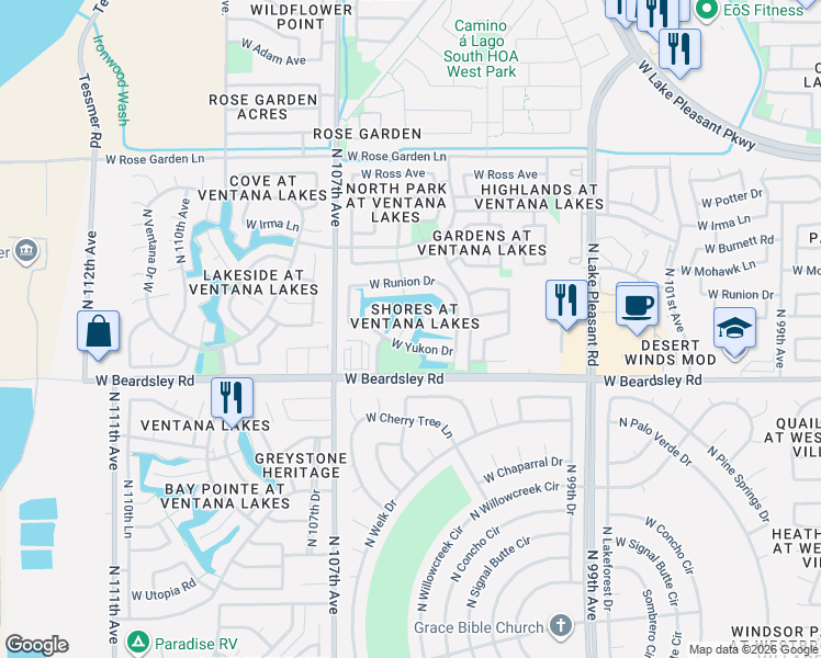 map of restaurants, bars, coffee shops, grocery stores, and more near 20333 North 106th Avenue in Peoria
