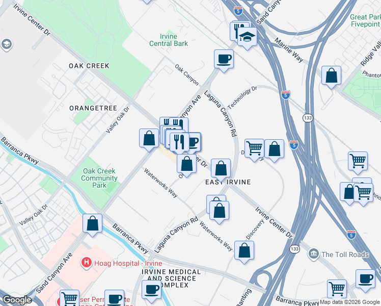 map of restaurants, bars, coffee shops, grocery stores, and more near 6634 Irvine Center Dr in Irvine