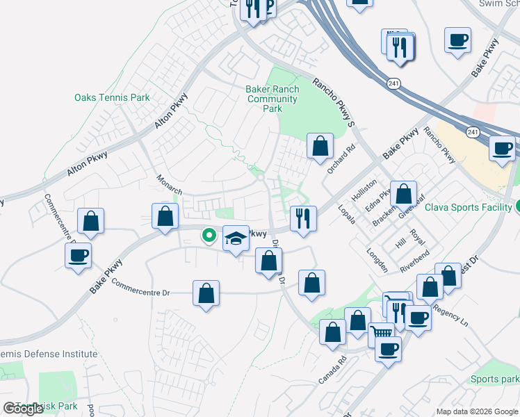 map of restaurants, bars, coffee shops, grocery stores, and more near 14 Oleander in Lake Forest
