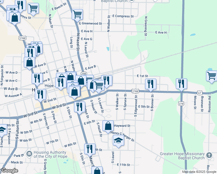 map of restaurants, bars, coffee shops, grocery stores, and more near 509 East 2nd Street in Hope