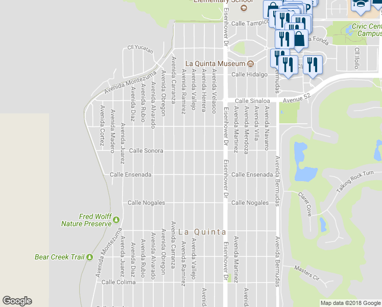 map of restaurants, bars, coffee shops, grocery stores, and more near 52275 Avenue Vallejo in La Quinta