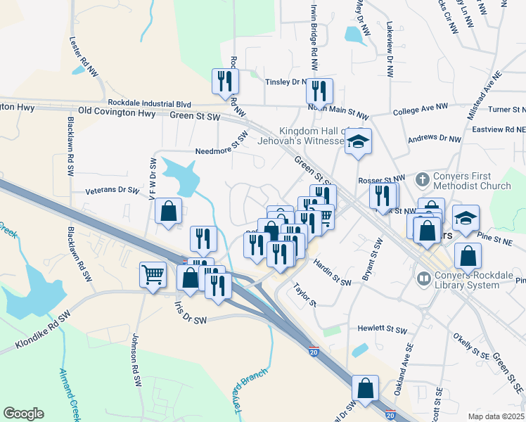 map of restaurants, bars, coffee shops, grocery stores, and more near 2204 Palomino Lane in Conyers