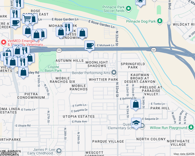 map of restaurants, bars, coffee shops, grocery stores, and more near 3039 East Escuda Road in Phoenix