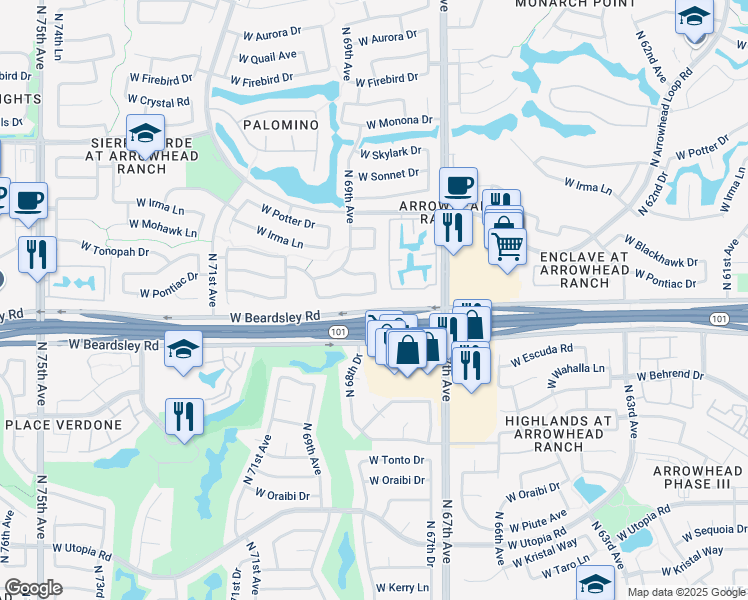 map of restaurants, bars, coffee shops, grocery stores, and more near 6861 West Pontiac Drive in Glendale
