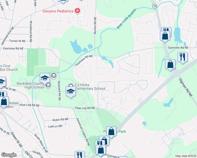 map of restaurants, bars, coffee shops, grocery stores, and more near 904 Little Bear Cove Northeast in Conyers