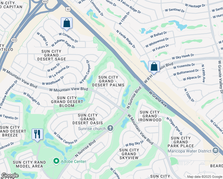 map of restaurants, bars, coffee shops, grocery stores, and more near 15525 West Lantana Way in Surprise