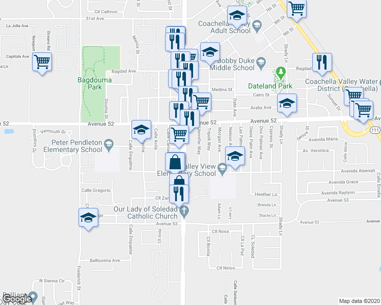 map of restaurants, bars, coffee shops, grocery stores, and more near 52226 Cesar Chavez Street in Coachella