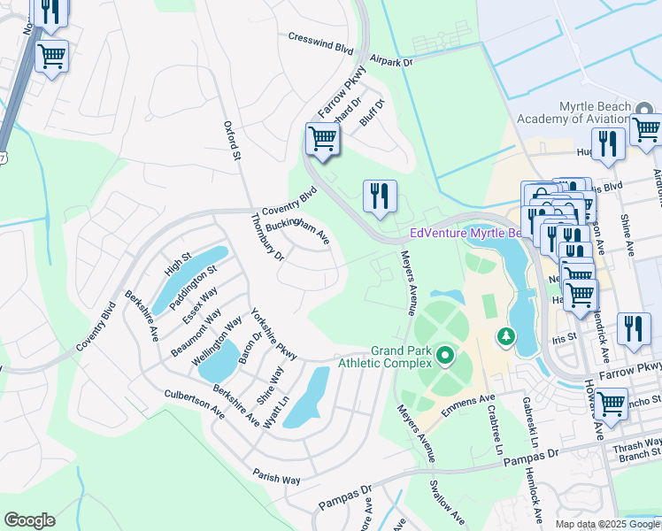 map of restaurants, bars, coffee shops, grocery stores, and more near 1640 Thornbury Drive in Myrtle Beach