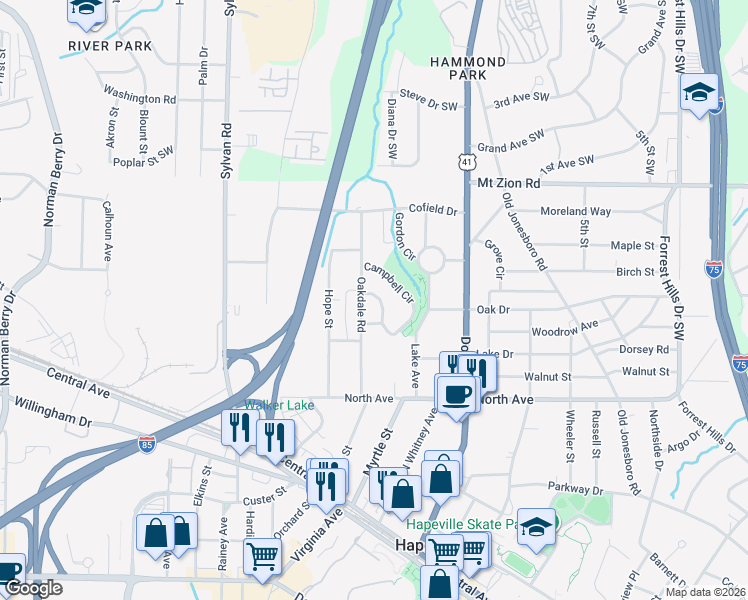 map of restaurants, bars, coffee shops, grocery stores, and more near 723 Campbell Circle in Hapeville