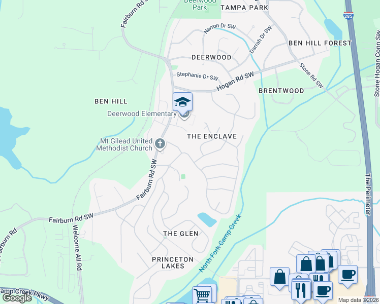 map of restaurants, bars, coffee shops, grocery stores, and more near 3183 Kensington Court Southwest in Atlanta