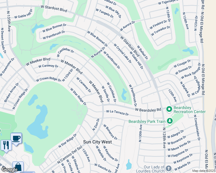 map of restaurants, bars, coffee shops, grocery stores, and more near 12906 West Castlebar Drive in Sun City West