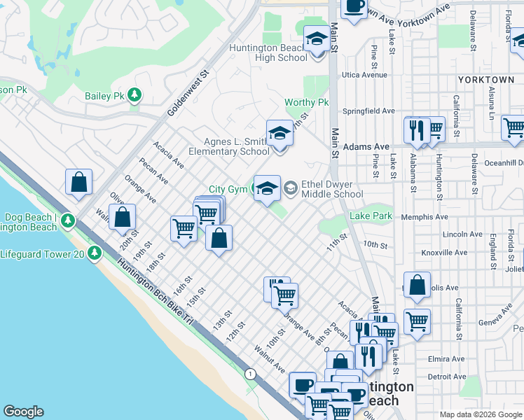 map of restaurants, bars, coffee shops, grocery stores, and more near 1505 Palm Avenue in Huntington Beach