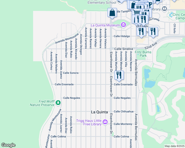 map of restaurants, bars, coffee shops, grocery stores, and more near 52260 Avenue Ramirez in La Quinta