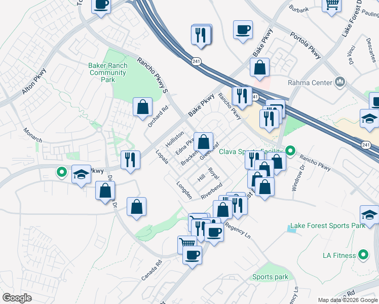 map of restaurants, bars, coffee shops, grocery stores, and more near 251 Brackens in Lake Forest
