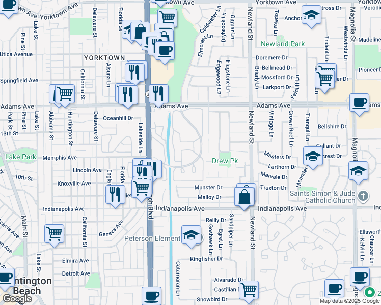 map of restaurants, bars, coffee shops, grocery stores, and more near 8182 Mainsail Drive in Huntington Beach