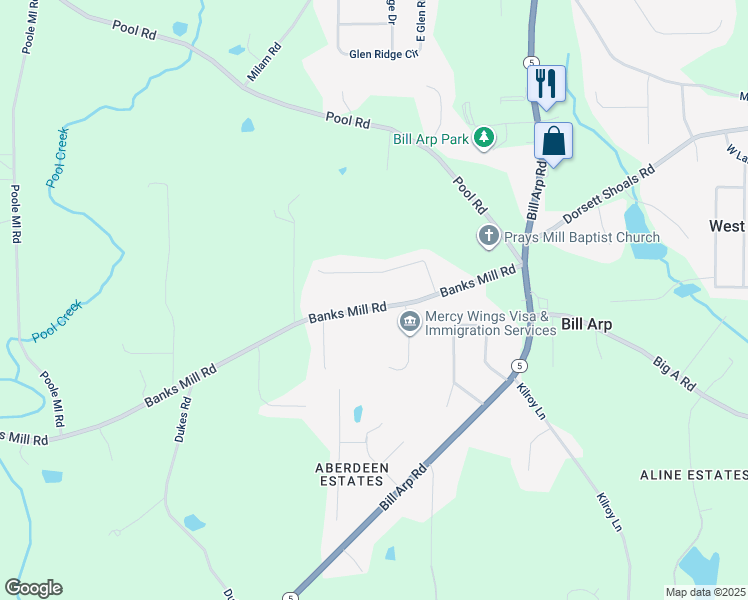 map of restaurants, bars, coffee shops, grocery stores, and more near 7248 Banks Mill Road in Douglasville