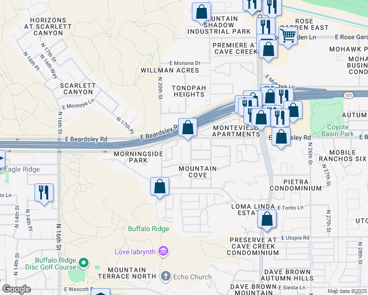 map of restaurants, bars, coffee shops, grocery stores, and more near 20041 North 20th Way in Phoenix