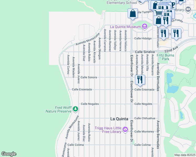 map of restaurants, bars, coffee shops, grocery stores, and more near 52220 Avenue Obregon in La Quinta