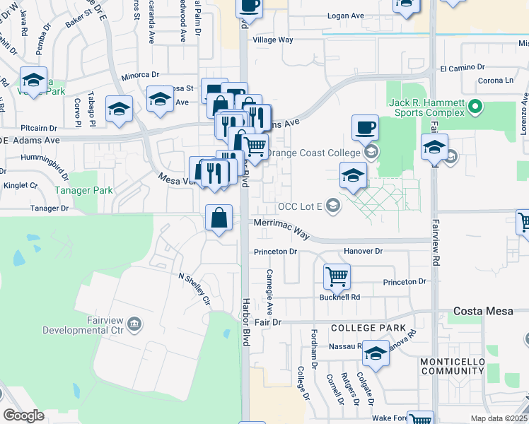 map of restaurants, bars, coffee shops, grocery stores, and more near 419 Aura Drive in Costa Mesa