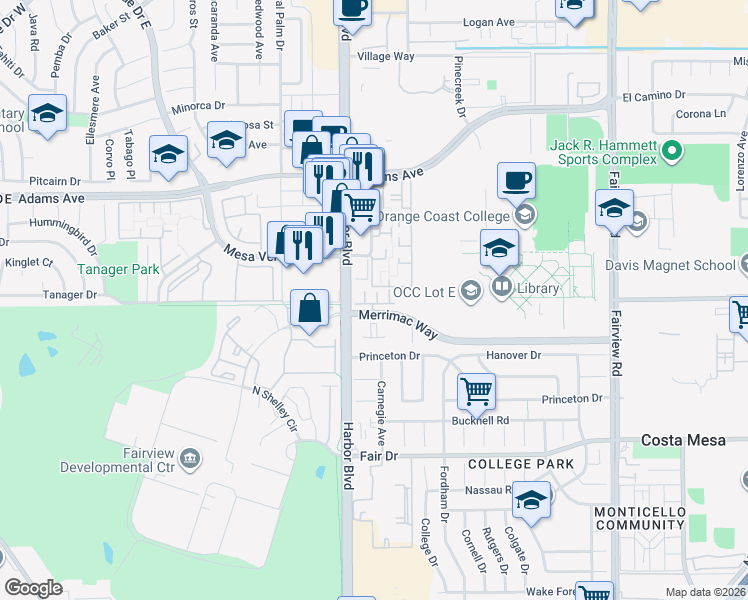 map of restaurants, bars, coffee shops, grocery stores, and more near Clarion Lane in Costa Mesa
