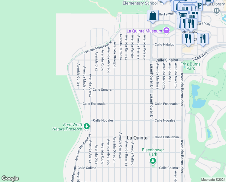 map of restaurants, bars, coffee shops, grocery stores, and more near 52225 Avenue Obregon in La Quinta