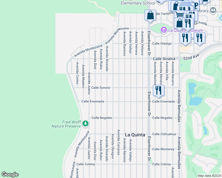 map of restaurants, bars, coffee shops, grocery stores, and more near 52225 Avenue Obregon in La Quinta
