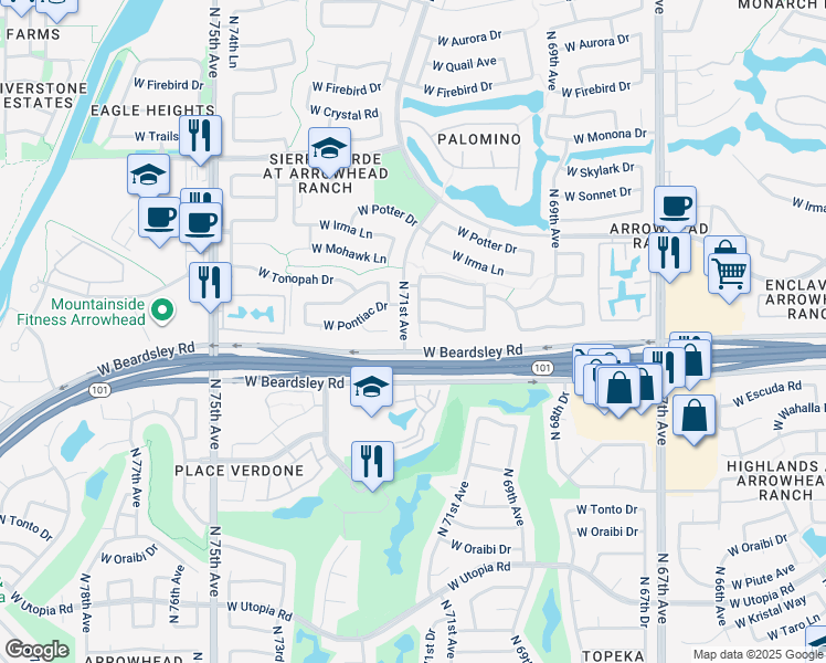 map of restaurants, bars, coffee shops, grocery stores, and more near 7057 West Pontiac Drive in Glendale