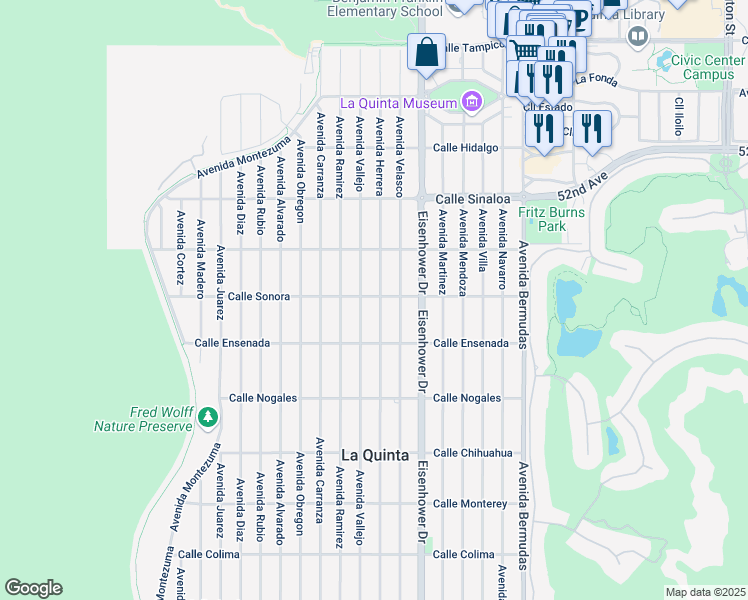 map of restaurants, bars, coffee shops, grocery stores, and more near Avenue Herrera in La Quinta