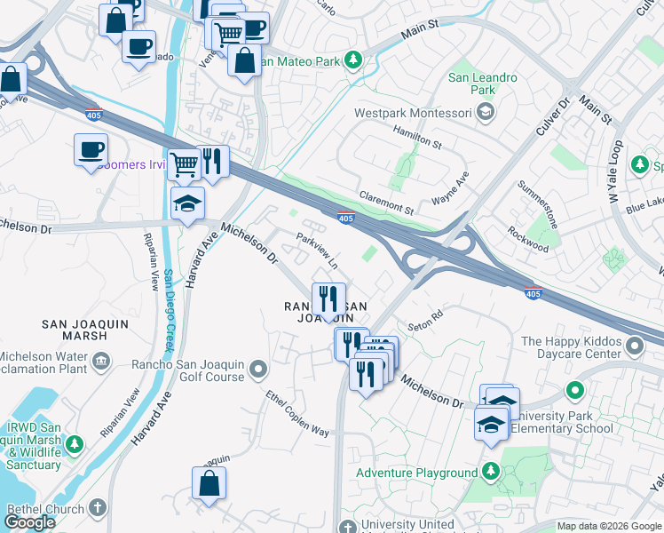 map of restaurants, bars, coffee shops, grocery stores, and more near 3800 Parkview Lane in Irvine