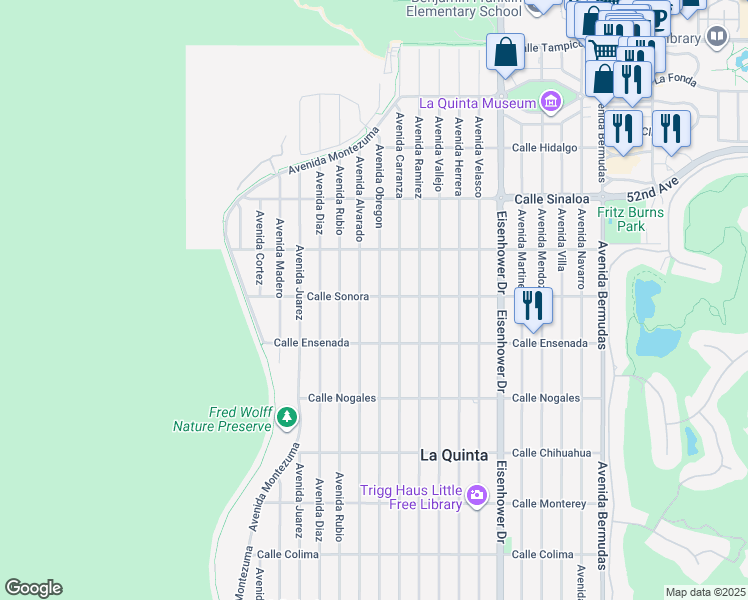 map of restaurants, bars, coffee shops, grocery stores, and more near 52225 Avenue Obregon in La Quinta