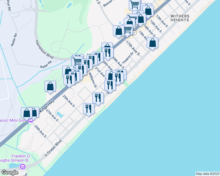map of restaurants, bars, coffee shops, grocery stores, and more near 2104 South Ocean Boulevard in Myrtle Beach