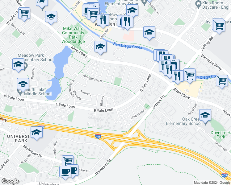 map of restaurants, bars, coffee shops, grocery stores, and more near 559 Springbrook North in Irvine