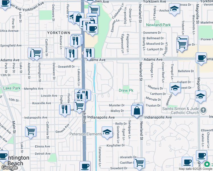 map of restaurants, bars, coffee shops, grocery stores, and more near 8182 Mainsail Drive in Huntington Beach