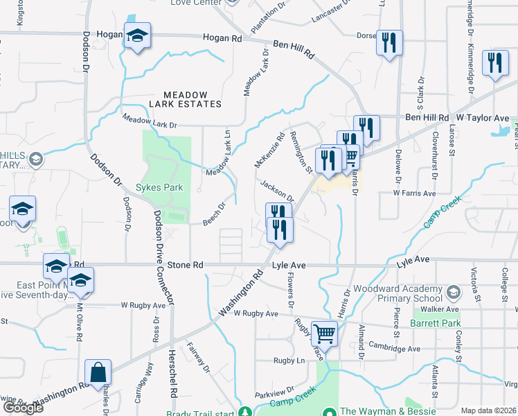 map of restaurants, bars, coffee shops, grocery stores, and more near 3140 McKenzie Road in Atlanta