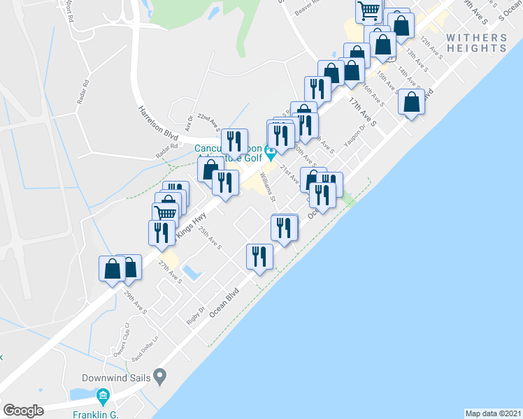 map of restaurants, bars, coffee shops, grocery stores, and more near 320 23rd Avenue South in Myrtle Beach