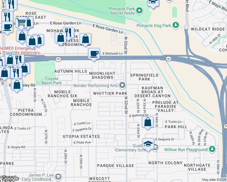 map of restaurants, bars, coffee shops, grocery stores, and more near 3121 East Escuda Road in Phoenix