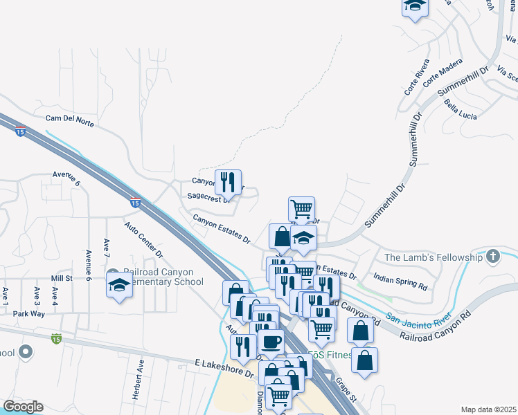 map of restaurants, bars, coffee shops, grocery stores, and more near 21066 Kimberly Court in Lake Elsinore