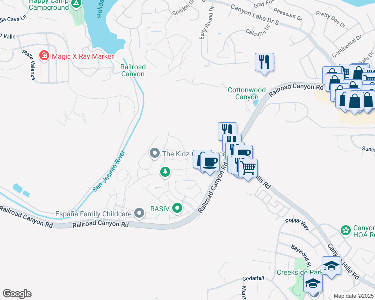map of restaurants, bars, coffee shops, grocery stores, and more near 24502 Snapdragon Way in Lake Elsinore