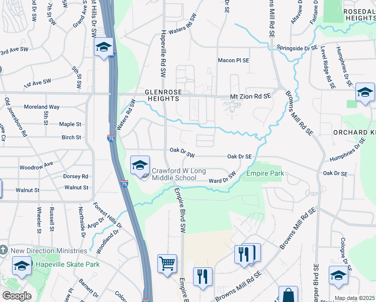 map of restaurants, bars, coffee shops, grocery stores, and more near 130 Oak Drive Southwest in Atlanta